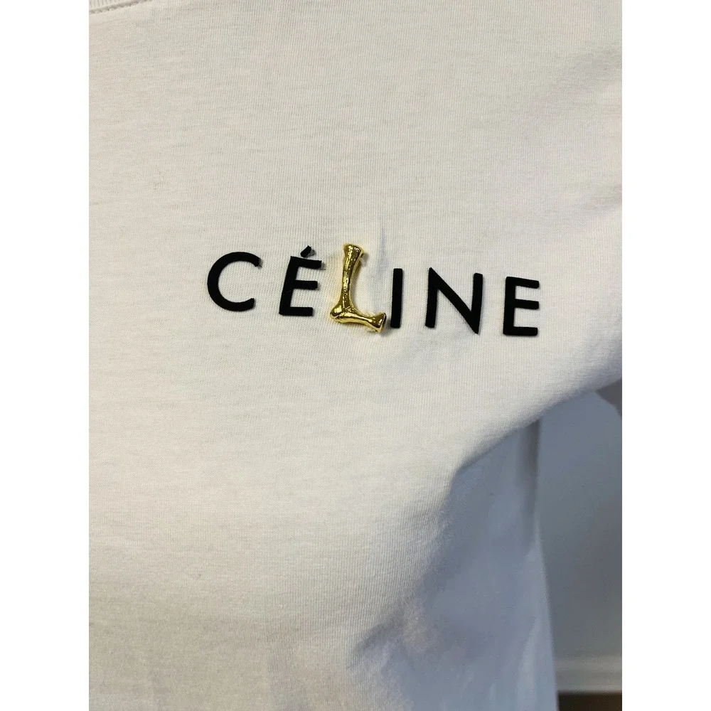 Céline Paris 2X265545F White Logo T-Shirt Gold Detail Women's Small‎ - Picture 3 of 7